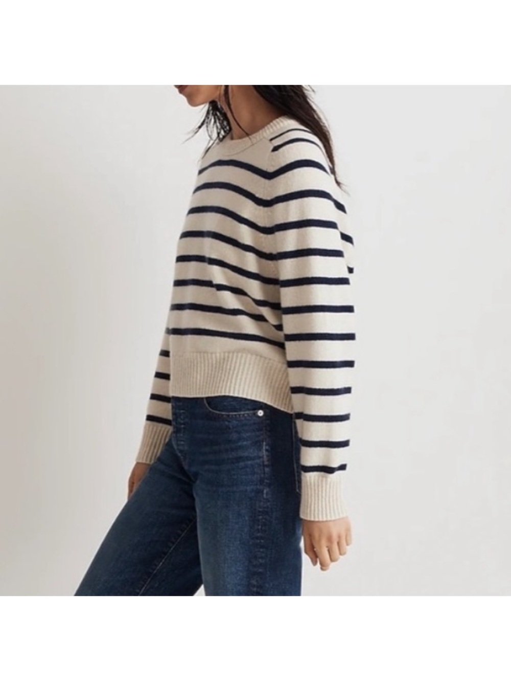 Madewell (Re)sourced Cashmere Wool Striped Crewneck Sweater Navy Cream Boxy M - Picture 2 of 12